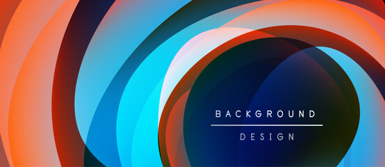 Abstract colorful layers create dynamic circular pattern. Modern design evokes depth, movement, visual interest. Background features text elements.