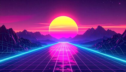 Synthwave Sunset Drive - A Retro-Futuristic Landscape of Mountains and Grid.