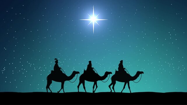 Loopable animated silhouette of the three wise men riding camels across the desert under a glowing Star of Bethlehem in a clear night sky. Concept of Christmas nativity scene, faith and journey.