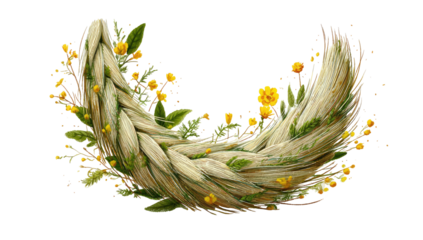 A woven semi-circular wreath of wheat and green foliage with small yellow flowers, on black