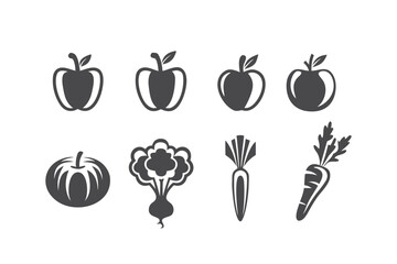 Black simple icon set featuring various types of fruits and vegetables including apple, carrot, beetroot