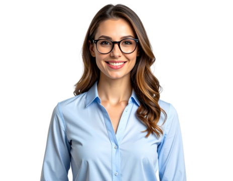 Confident Business Woman Wearing Blue Shirt and Glasses Smiling at Camera, Isolated on Transparent Background - Powered by Adobe