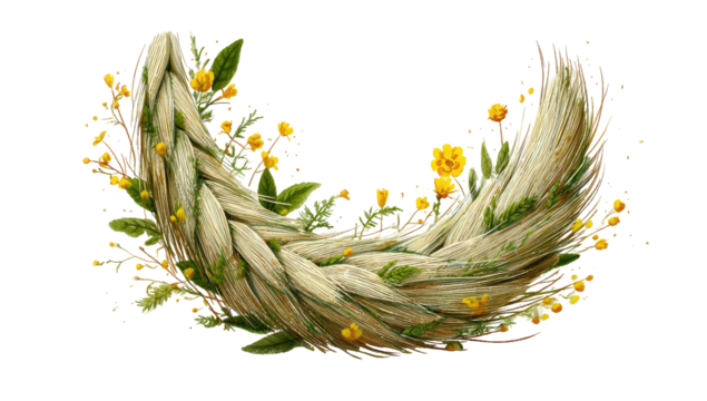 A woven semi-circular wreath of wheat and green foliage with small yellow flowers, on black