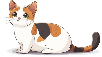 Calico cat sits, looking up, blank background, use for pet website or book