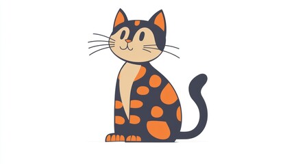 Sitting cat with black and orange spots against white background, for kids or cartoon
