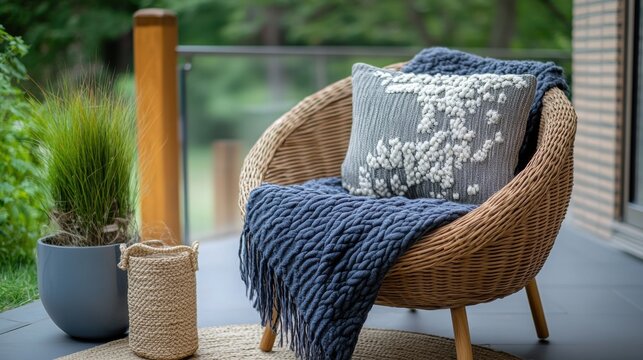 a chic outdoor patio with a stylish rattan chair and a textured throw, soft natural lighting, shallow depth of field, gray and dark blue colors, modern luxury.