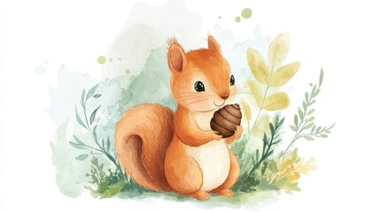 Squirrel holding nut, watercolor foliage background, used for children's illustration or decor