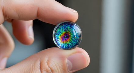 A hand holds a beautiful handmade lampwork glass marble with a complex and colorful psychedelic pattern inside