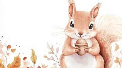 Squirrel holds acorn; watercolor style, with fall leaves, on white backdrop for children's art use