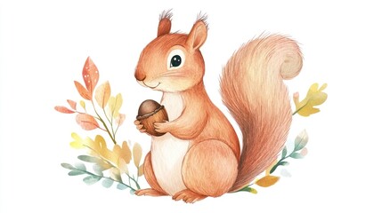 Squirrel holds acorn, fall leaves on white background, suitable for cards