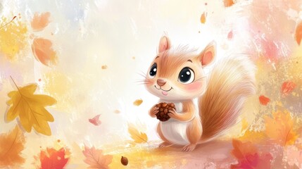 Squirrel holds nut in fall with floating leaves, suitable for kids? storybook use