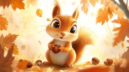 Squirrel holding nut in falling autumn leaves, forest background.  For children?s art