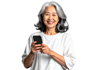  Smiling Elderly Woman Holding Smartphone, Isolated on Transparent Background 