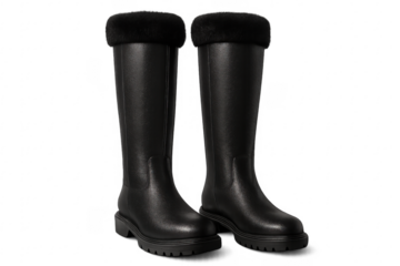 Black knee high leather boots with faux fur trim