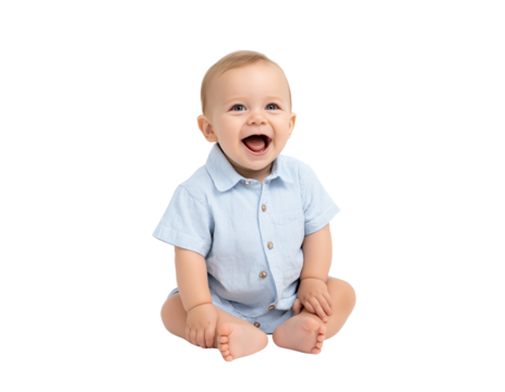 happy baby wearing a light blue short-sleeved shirt, sitting on the ground and laughing happily against a white background. 