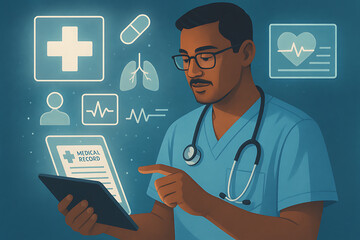 Healthcare professional using digital tablet with medical records and health icons representing telemedicine and innovation