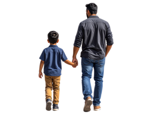 Father and Son Walking Hand-in-Hand, Back View, Isolated on Transparent Background