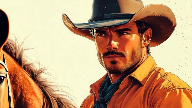 A man in cowboy attire, wearing a hat and tie, stands beside a horse