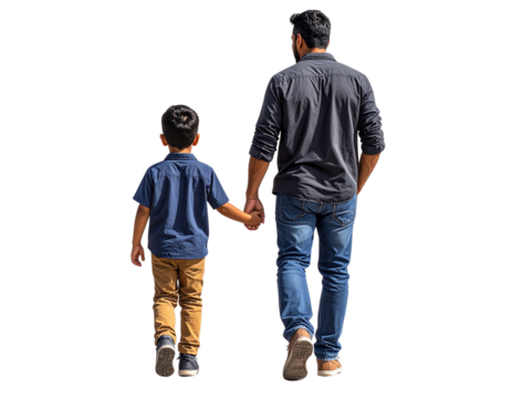 Father and Son Walking Hand-in-Hand, Back View, Isolated on Transparent Background