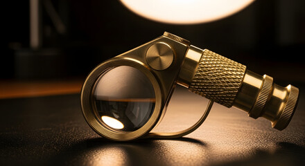 An elegant vintage brass loupe or magnifying glass resting on a dark leather surface