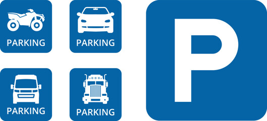 Parking sign. Blue square Car parking icon with white letter P, car parking area sign. Car, bus, trolleybus, truck, bike, motorbike, scooter parking icon. linear sign isolated Vector © Volodymyr