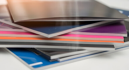 A close-up stack of colorful magazines catalogs or brochures on a white surface