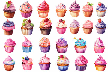 collection of colorful cupcakes vector with frosting and decoration Dessert Illustration Sweet Bakery Clipart