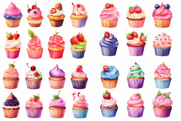 collection of colorful cupcakes vector with frosting and decoration Dessert Illustration Sweet Bakery Clipart