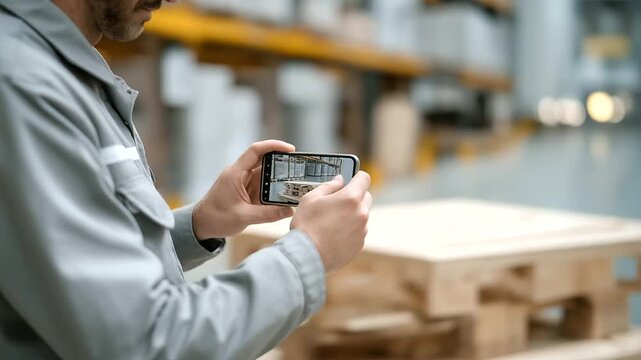 staff member photographing incoming supply pallet for digital record smartphone camera click real time tracking three quarter wide angle cinematic color correction gentle