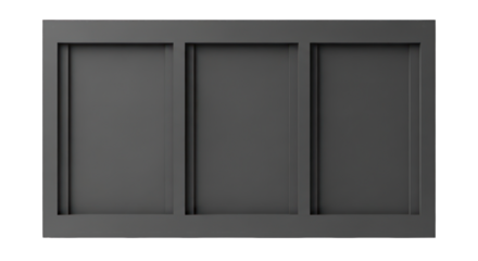 Three dark grey panels, rectangular within rectangular frame, on black