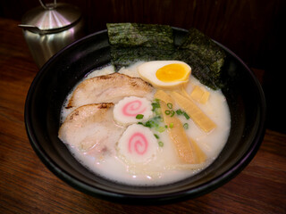 Traditional Japanese Tonkotsu Ramen with Chashu and Soft-Boiled Egg.