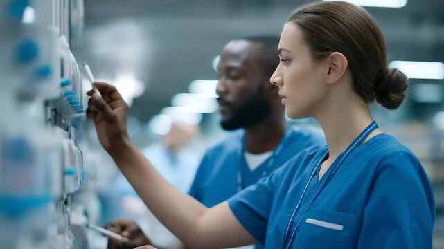team of staff calibrating smart infusion pump inventory via digital interface muted beeps integrated supply chain three quarter wide angle cinematic color correction gentle