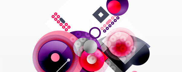 Abstract composition featuring overlapping circles, squares, dots. Purple, red, gray hues create dynamic visual effect. Modern design elements.