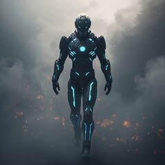 Fototapeta premium AI Exosuit Warrior Emerging from Smoke – Futuristic Cinematic Battle Scene