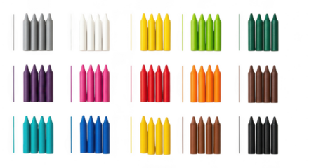 Assorted colored pencils arranged in rows and columns, tips facing upward, isolated on transparent background