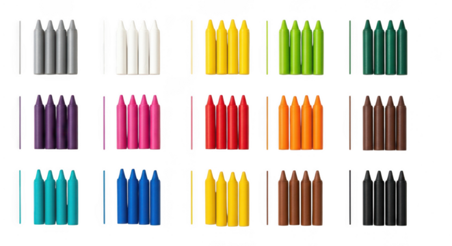 Assorted colored pencils arranged in rows and columns, tips facing upward, isolated on transparent background