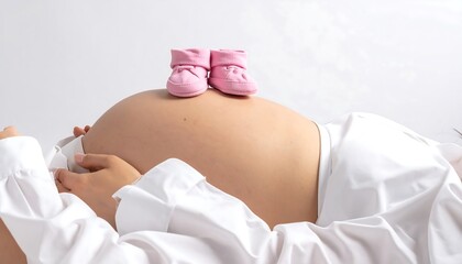 Close-up of a pregnant woman's belly with small pink baby booties placed on top. The woman is wearing a white button-down shirt