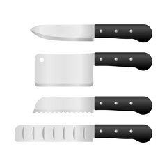 Various Kitchen Knives with Sharp Blades and Black Handles Vector. Suitable for Culinary, Cooking, Food Preparation, and Chef Tools.