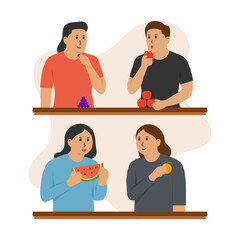 Group of People Eating and Enjoying Fruits Vector. Suitable for Healthy Lifestyle, Nutrition, Wellness, and Summer Themes.