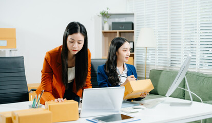 Starting small businesses SME owners, two check online orders Selling products working with boxs...