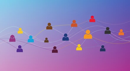Abstract network connections between diverse people icons on a gradient background
