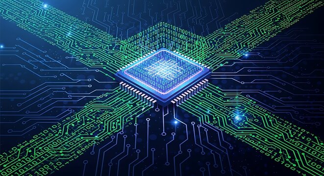 Abstract digital circuit board with glowing blue central processor
