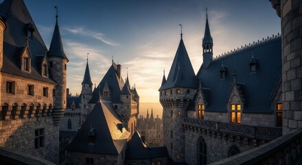Fototapeta premium Majestic medieval castle with towering spires against a dramatic sunset sky.