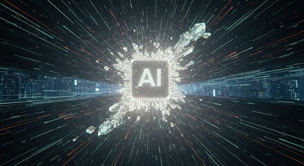 Dynamic digital representation of an Artificial Intelligence core, radiating data streams, symbolizing machine learning, computational power, and technological advancement