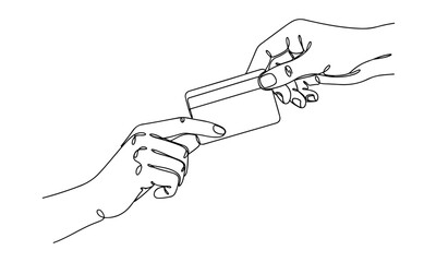 Hand holding credit card, one continuous line vector on transparent background.