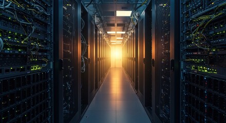 Illuminated Server Room Hallway - Data Center Technology and Digital Infrastructure