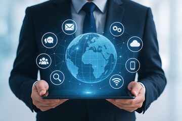Global business technology with businessman holding tablet showing holographic earth and digital communication network icons