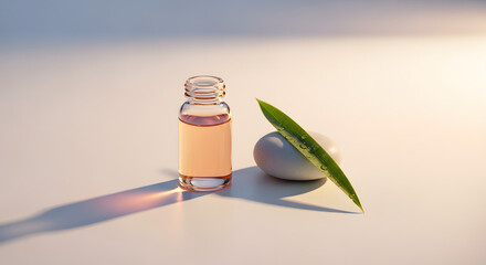 A minimalist still life of a skincare serum bottle a smooth stone and a green leaf in soft light