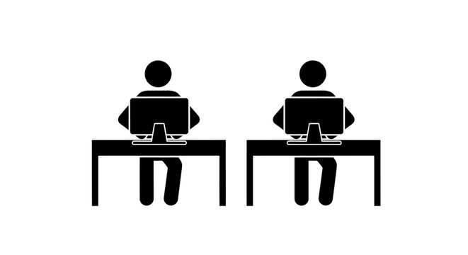 Two People Working on Computers at Desks Icon Set for Office Collaboration and Remote Work Concepts
