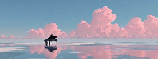 A grand piano sits alone on the water, reflecting pink clouds against a blue sky horizon